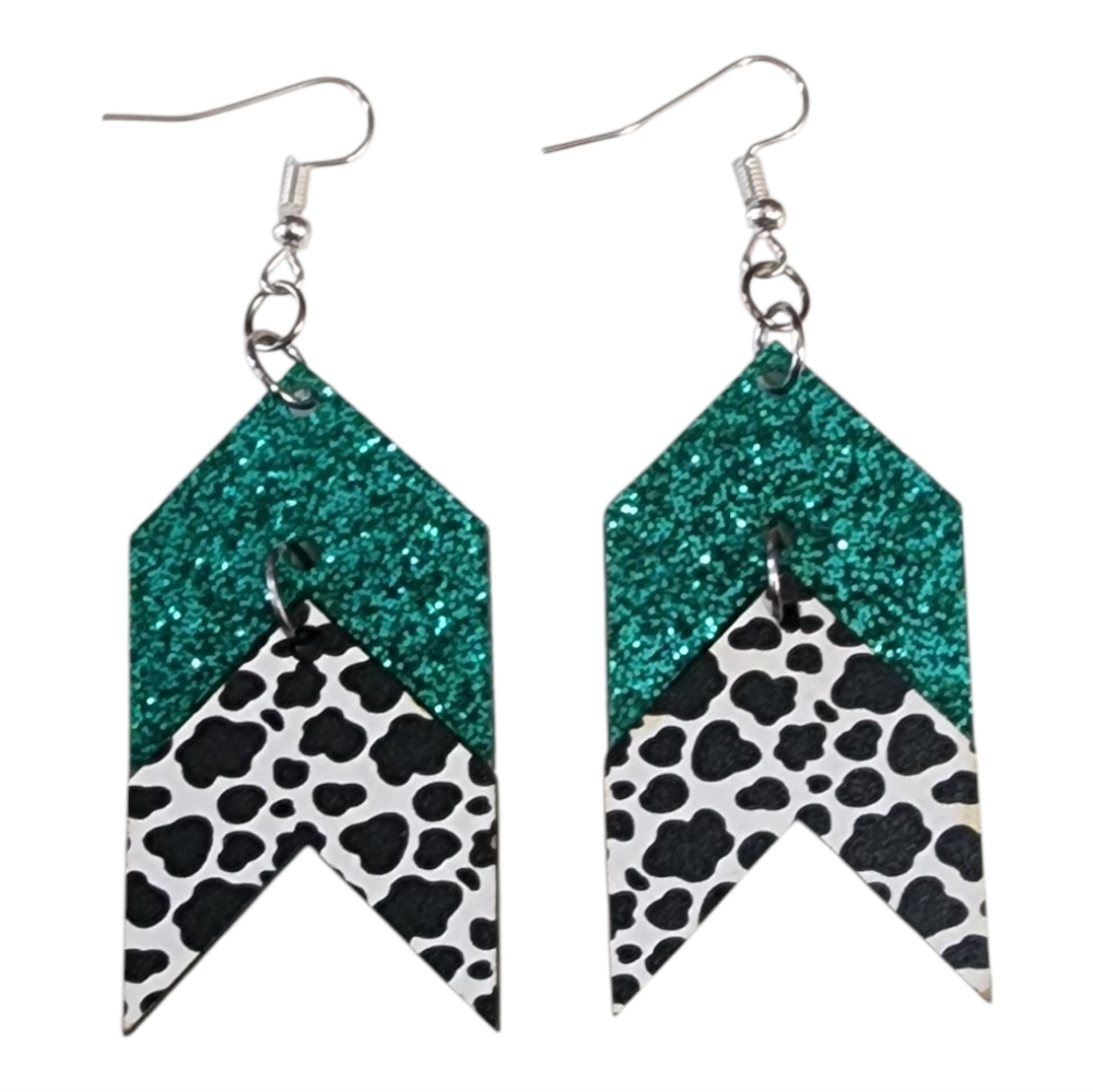 Cow Print & Teal Glitter Chevron Drop Earrings